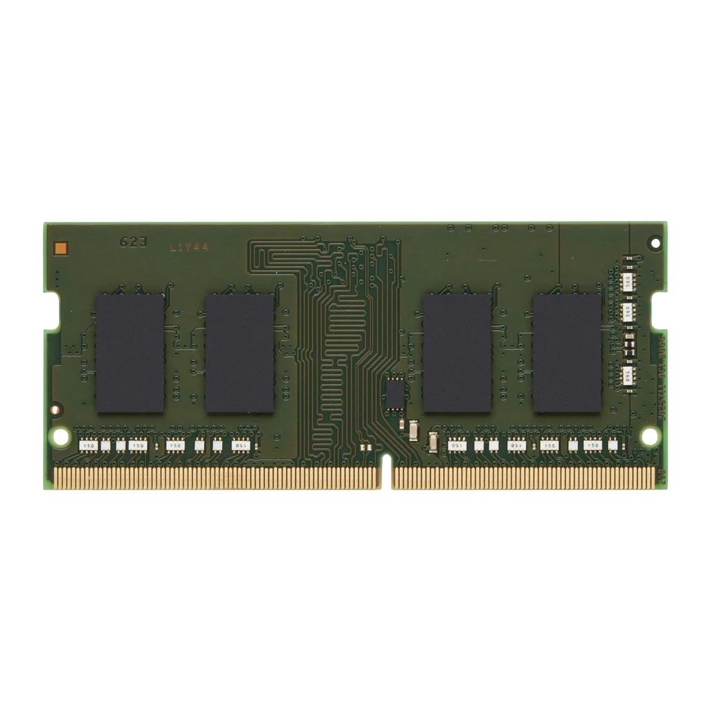 Kingston ValueRAM 16GB DDR4 3200 SO-DIMM Oro, vista frontal: PCB verde con chips de memoria y contactos dorados