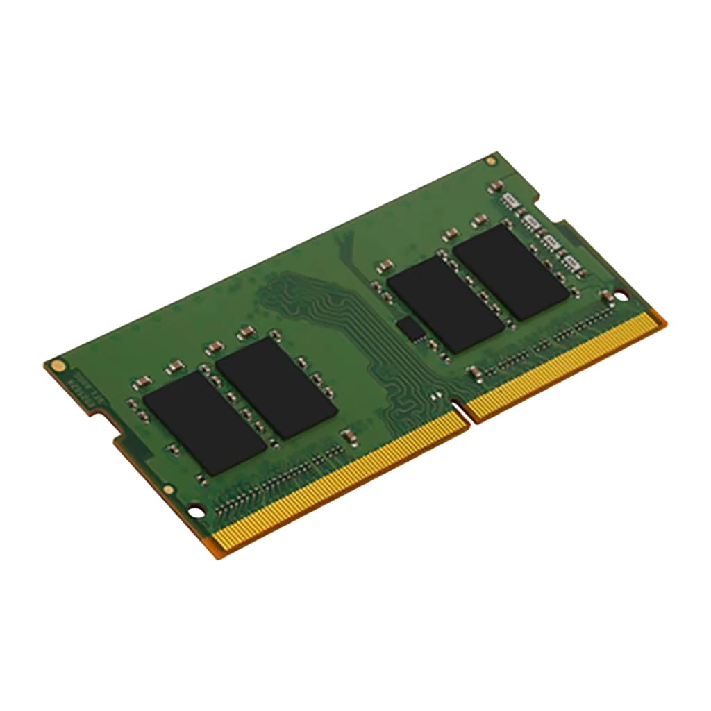 Kingston ValueRAM 16GB DDR4 3200 SO-DIMM Oro, vista en perspectiva: ángulo isométrico mostrando grosor del módulo y chips