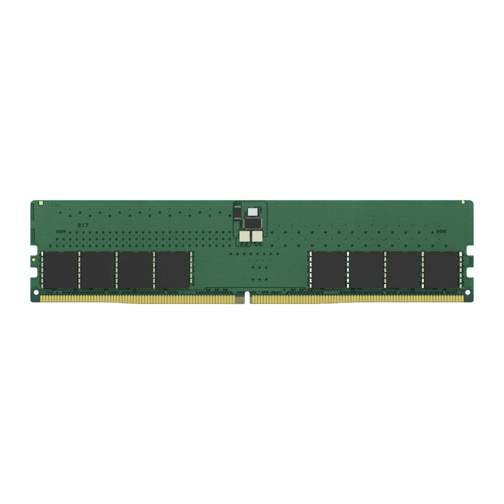 Kingston KCP556UD8-32 32GB DDR5 5600MHz DIMM verde, vista frontal: PCB verde con chips de memoria y conector dorado