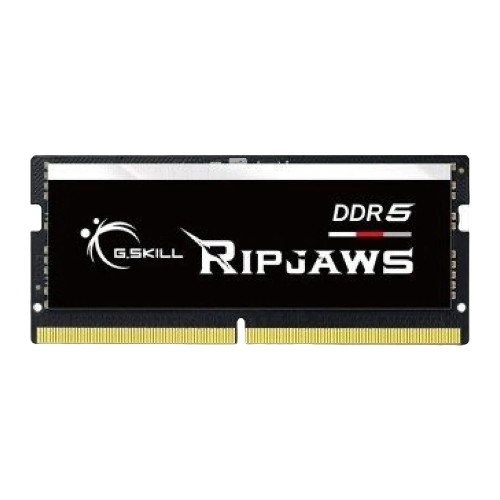 G.Skill Ripjaws DDR5 5600 SO-DIMM 64GB negro, vista frontal: etiqueta negra con logo y texto DDR5, contactos dorados