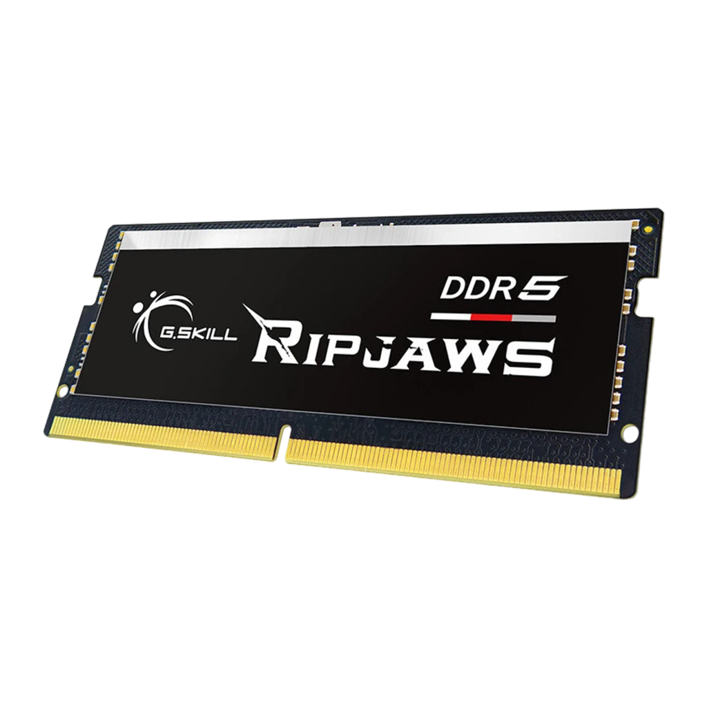 G.Skill Ripjaws DDR5 5600 SO-DIMM 64GB negro, vista en ángulo: perspectiva 3/4 que muestra grosor del PCB y disipador