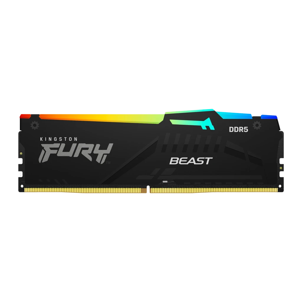 Kingston FURY Beast RGB DDR5 5600 32GB Noir, vue de face: dissipateur noir avec éclairage RGB en haut et contacts dorés
