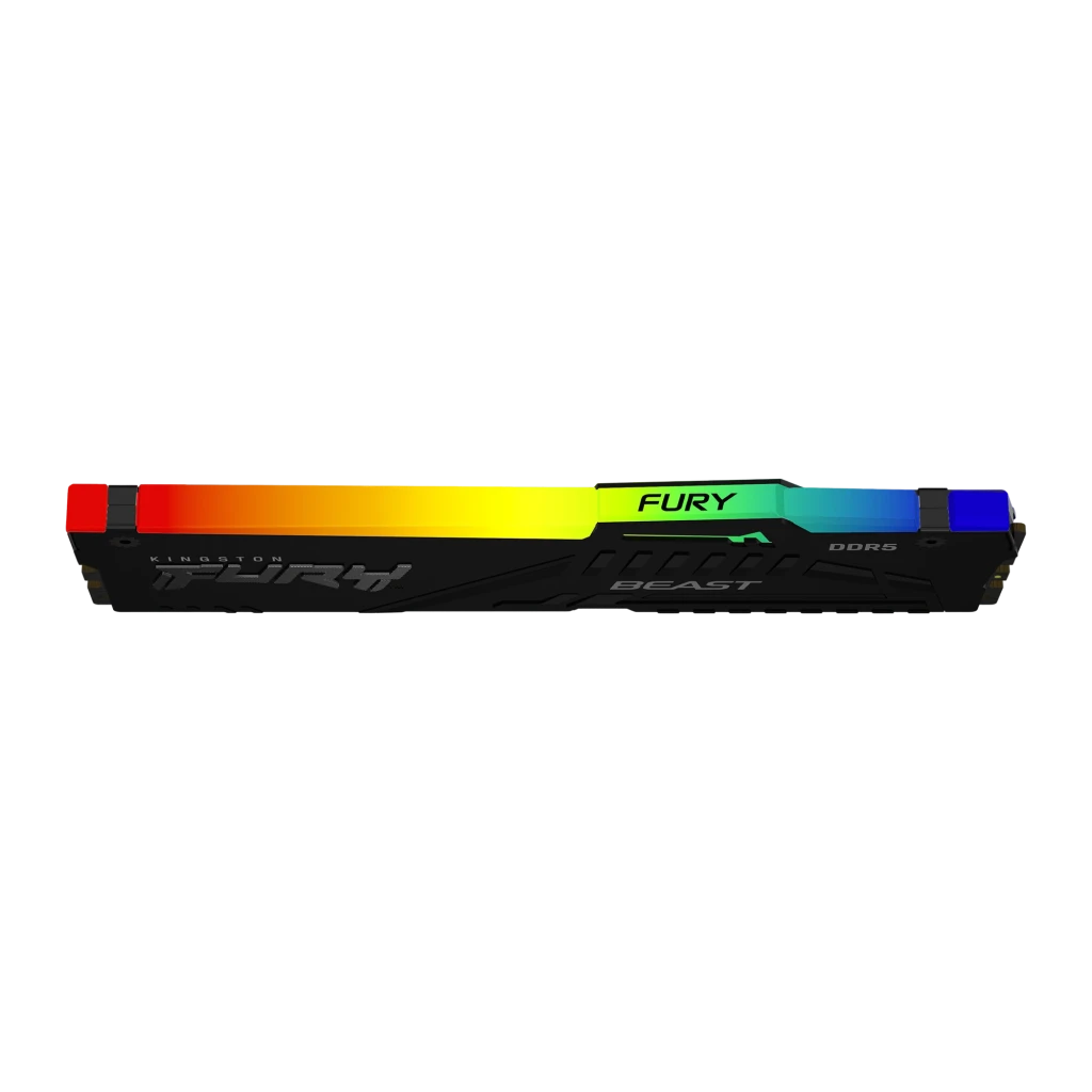Kingston FURY Beast RGB DDR5 5600 32GB Noir, vue du dessus: barre RGB complète du rouge au bleu avec logo FURY éclairé en