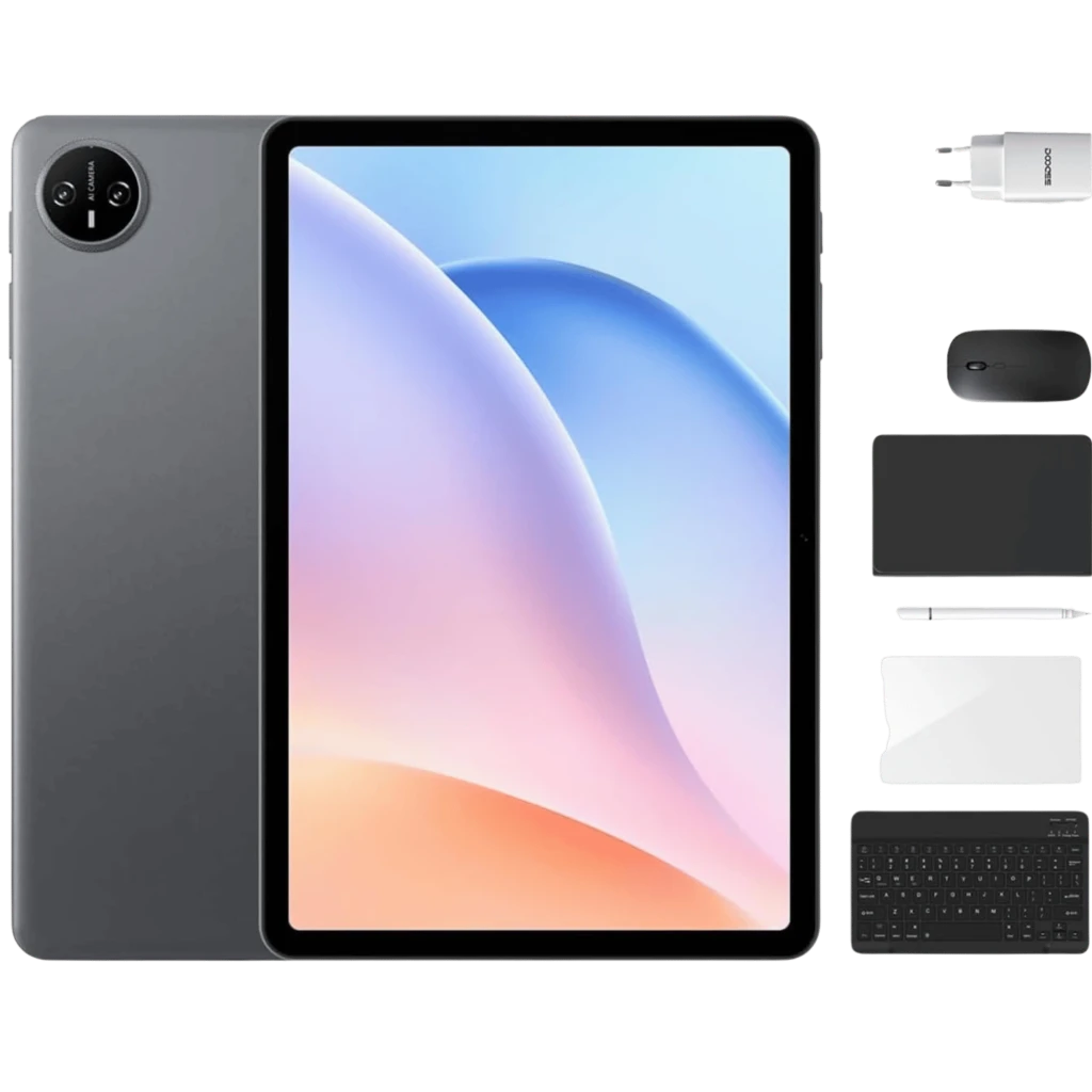Doogee Tab A9 Pro 10.1 gris con pantalla bezeles finos; incluye cargador, mouse, teclado Bluetooth, funda, lápiz táctil y protector. 4GB RAM, 128GB