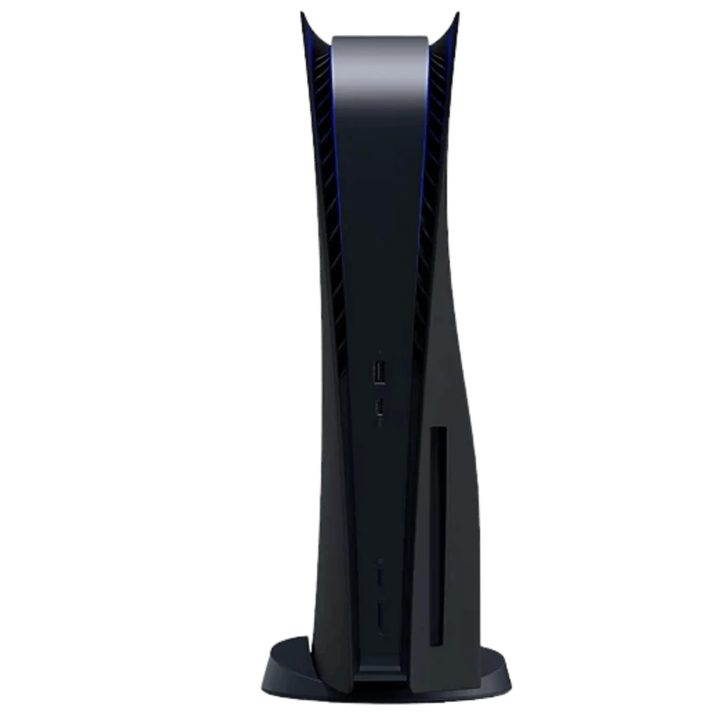 Consola PS5 estándar 825GB en color negro, renovada estado excelente, con lector de discos, puertos frontales USB y diseño vertical con base