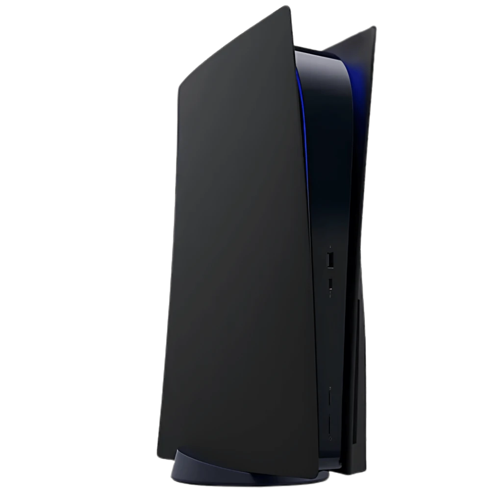 Consola PS5 estándar negra renovada 825GB, carcasa mate negra, luz LED azul, ranura de disco, puertos frontales USB y diseño vertical elegante