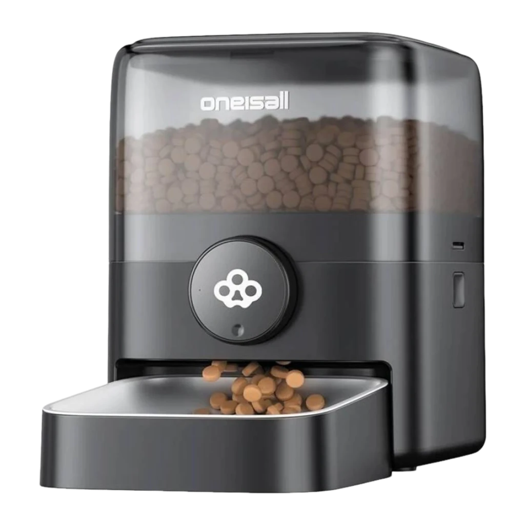 Comedero Automático Oneisall PF08 WiFi 2,4GHz 5L negro con depósito transparente, botón frontal y bandeja de acero; dispensa croquetas hasta 10 comidas al