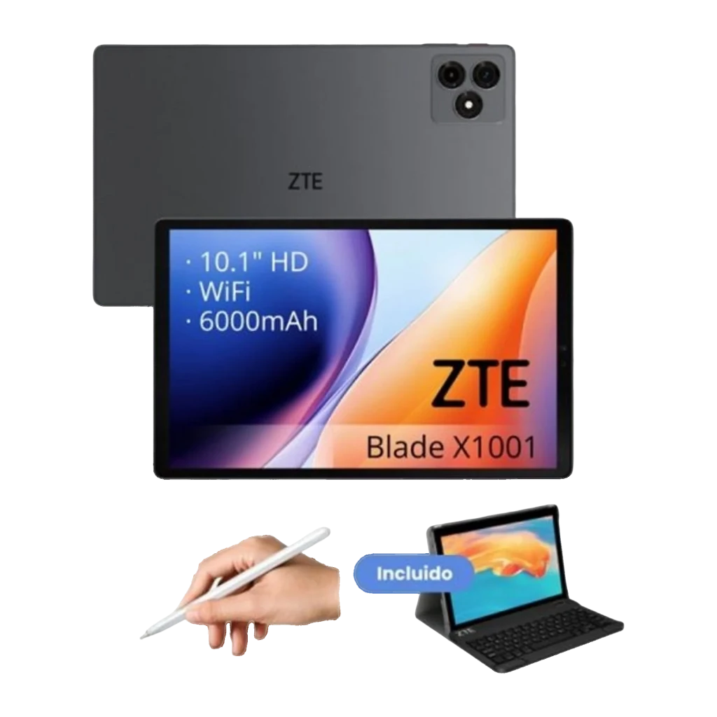 Tablet ZTE Blade X1001W gris 10.1 HD con biseles delgados, doble cámara trasera, incluye stylus y teclado, 4GB RAM, 128GB, WiFi, batería 6000mAh