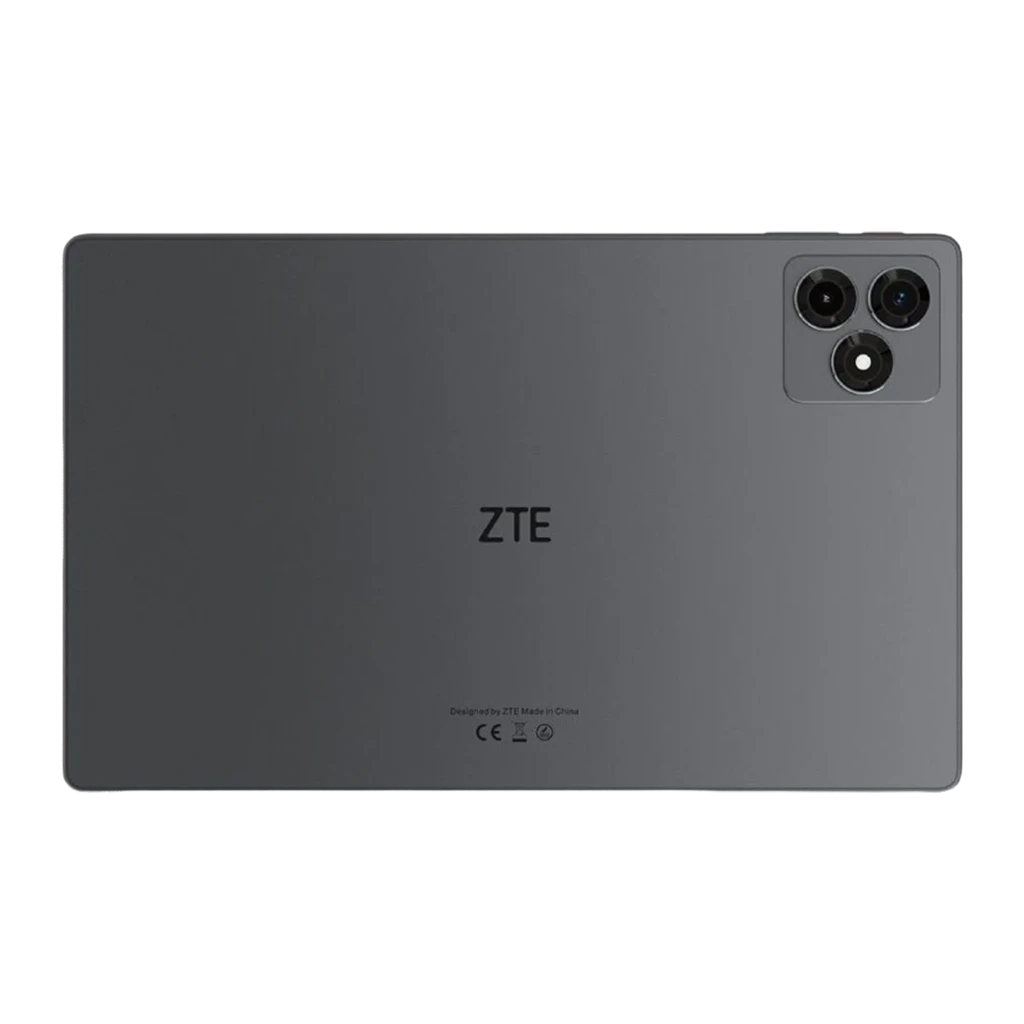 Tablet ZTE Tab Blade X1001W gris vista trasera, cuerpo metálico, logo ZTE centrado y módulo de doble cámara con flash en la esquina superior derecha