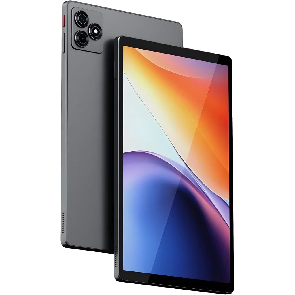 Tablet ZTE Tab Blade X1001W gris con pantalla 10.1, biseles delgados y doble cámara trasera cuadrada; cuerpo metálico estilizado y altavoces laterales