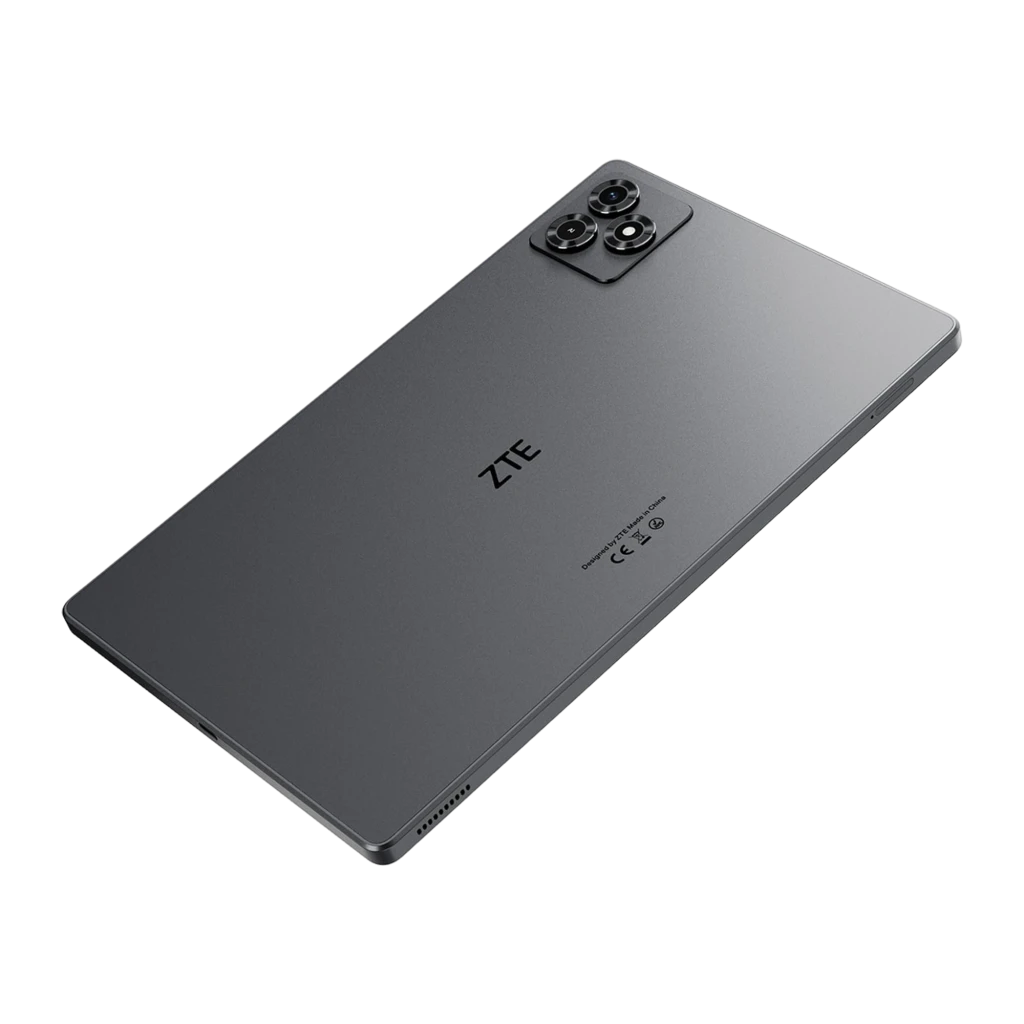 ZTE Tab Blade X1001 gris mate, cuerpo delgado con módulo triple de cámara trasera elevado, bordes curvos y rejillas de altavoz en el marco inferior