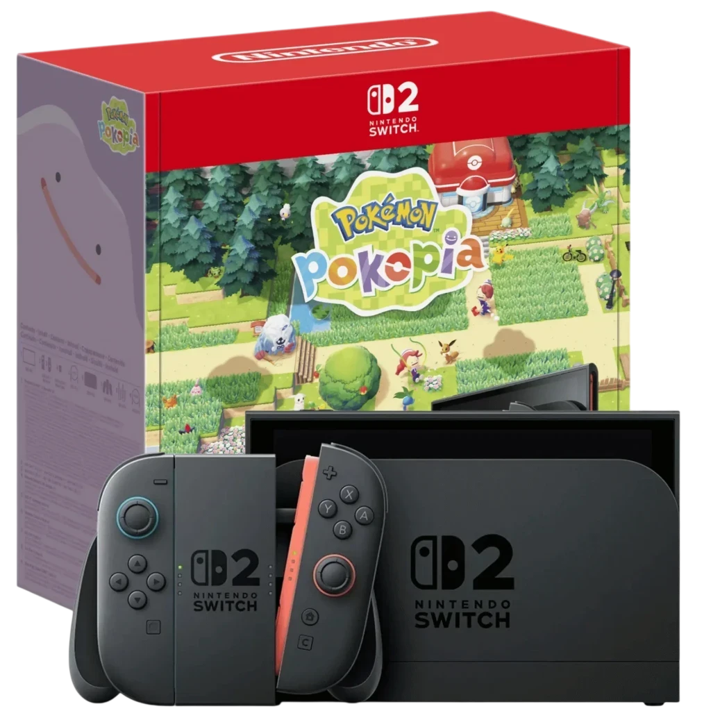 Consola Nintendo Switch 2 256GB edición Pokopia con Joy-Con gris y rojo, base negra con logo D2, caja temática Pokémon con arte colorido del juego