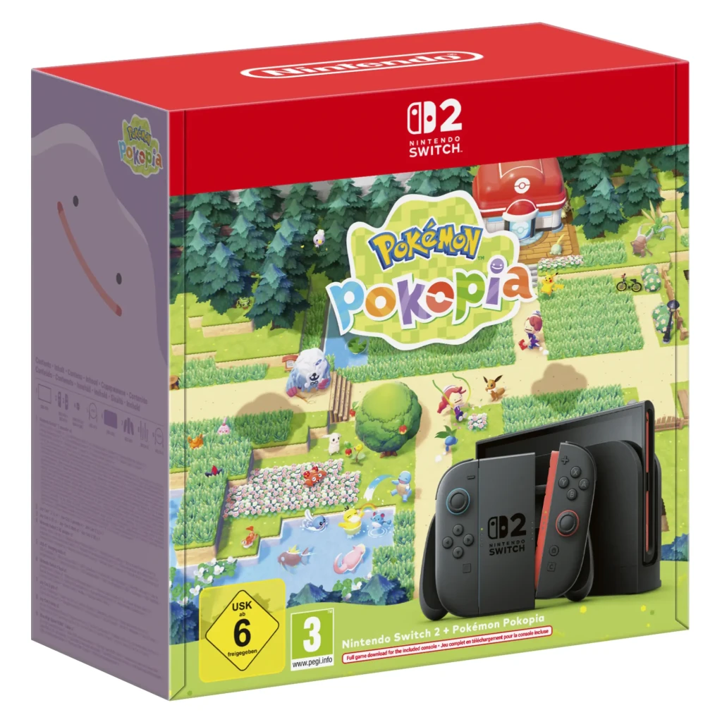 Caja de consola Nintendo Switch 2 256GB con juego Pokémon Pokopia; incluye consola negra, Joy‑Con grises y arte colorido con personajes y paisajes rurales