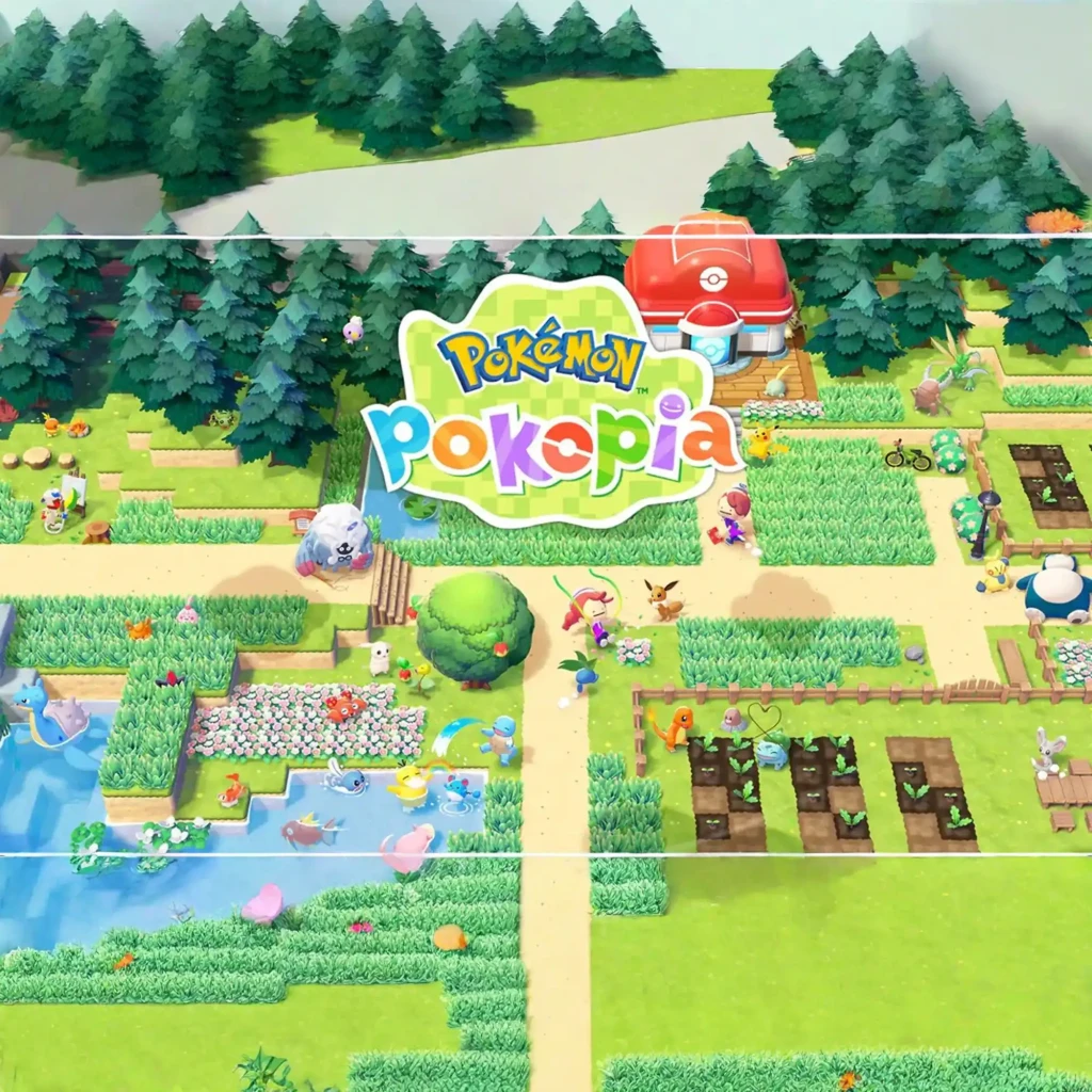 Mapa colorido de Pokémon Pokopia con aldeas, huertos, río y criaturas explorando senderos; estilo gráfico isométrico y vibrante.
