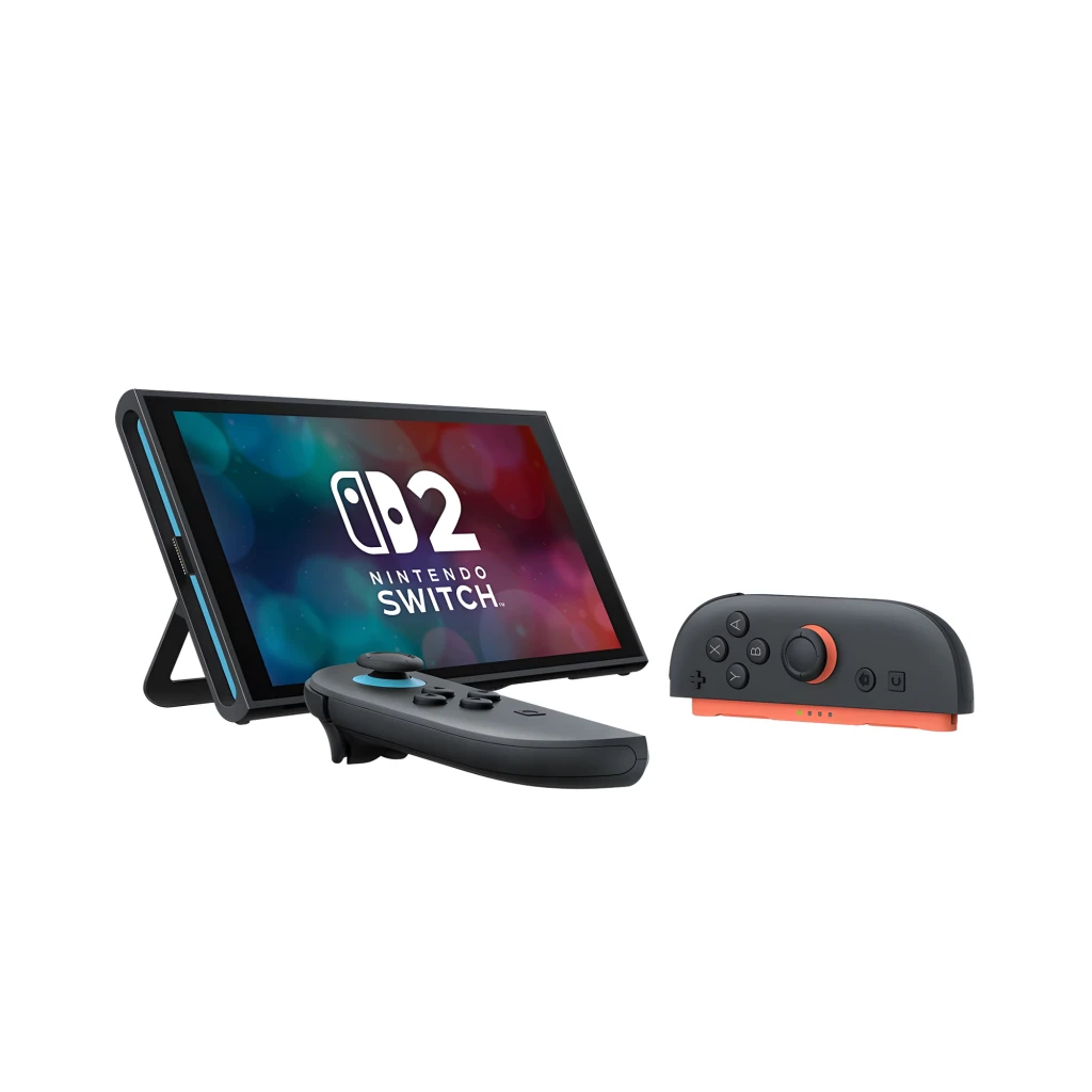 Consola Nintendo Switch 2 256GB + Pokémon Pokopia con pantalla en modo sobremesa, soporte ajustable y Joy-Con gris y coral separados