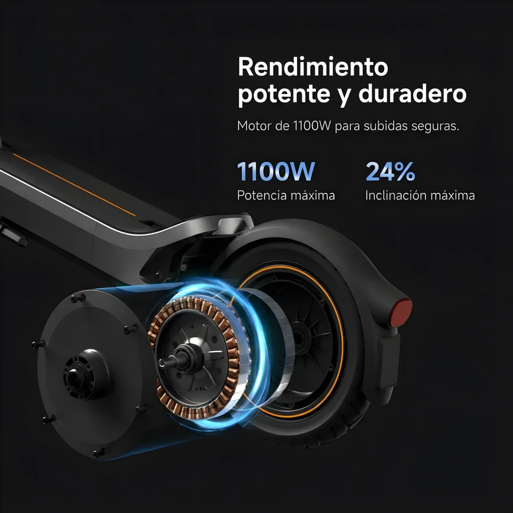 Patinete Eléctrico Xiaomi Electric Scooter 6 Max con motor 1100W, rueda de 12 pulgadas y diseño negro con detalles naranjas, destaca su potencia y subida 24%