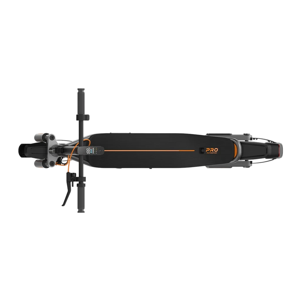 Vista superior del Patinete Eléctrico Xiaomi Electric Scooter 6 Pro negro con detalles naranjas, plataforma amplia antideslizante, manillar recto y rueda