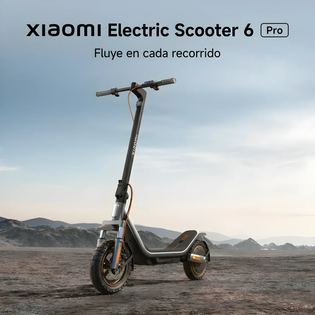 Patinete Eléctrico Xiaomi Electric Scooter 6 Pro en negro, manillar recto, marco robusto, suspensión delantera, neumáticos 12 pulgadas con dibujo off-road