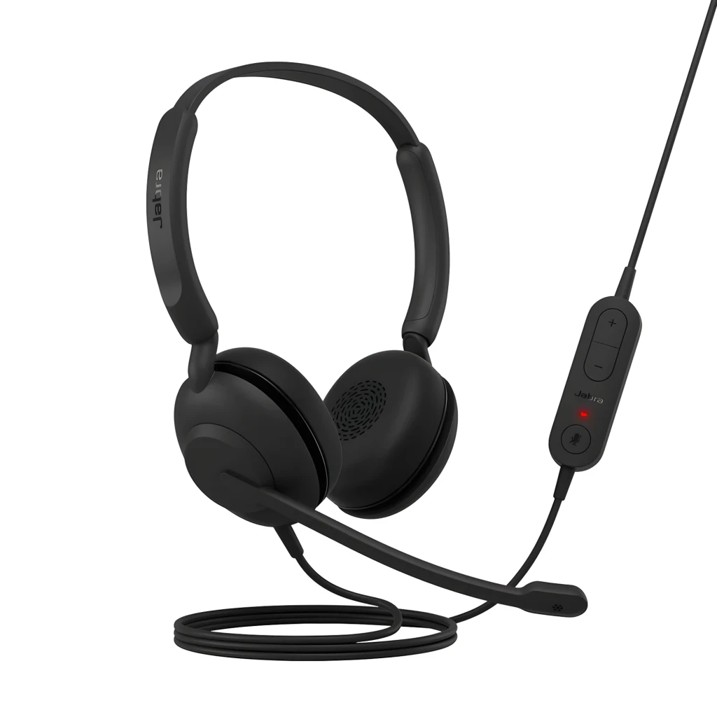 Jabra Evolve 10 Stereo USB-A noir, vue latérale: casque avec micro flexible, câble et télécommande en ligne avec boutons et