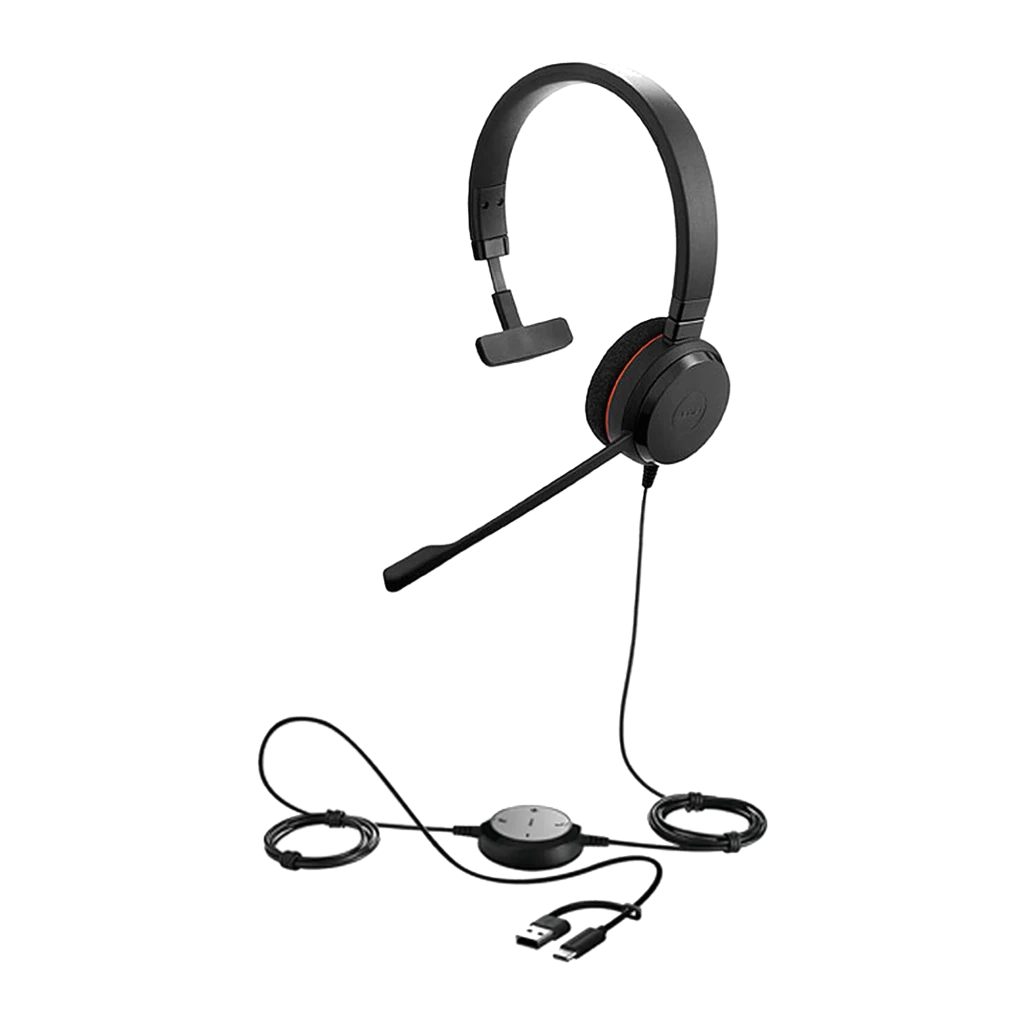 Jabra Evolve 20 Mono noir, kit complet: casque avec accessoires et câbles USB-C/A