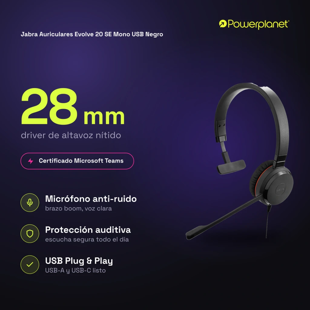 Jabra Auriculares Evolve 20 SE Mono USB noir - caractéristiques