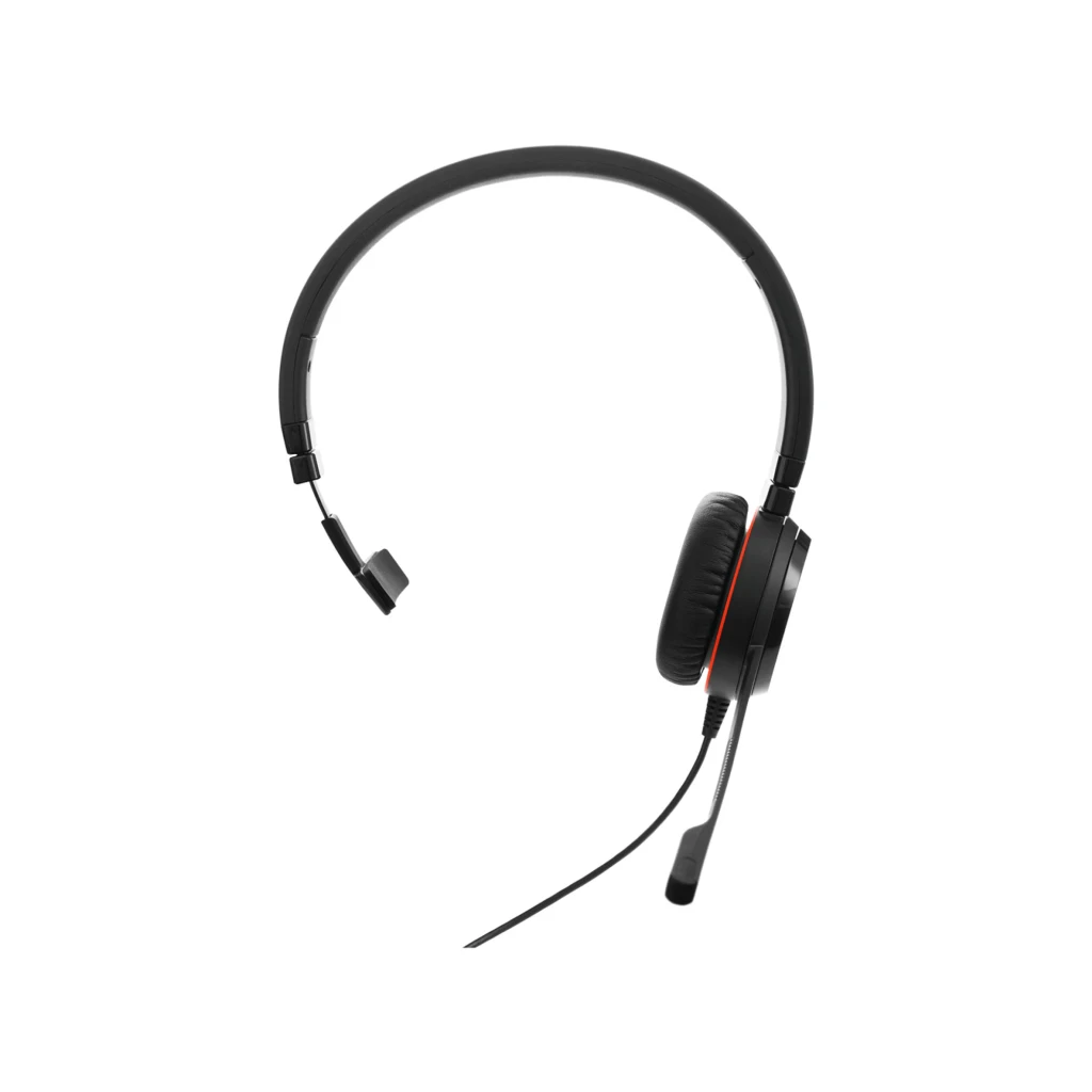 Jabra Evolve 20 SE Mono USB noir, vue latérale: casque mono avec arceau, coussin bordure rouge et microphone flexible