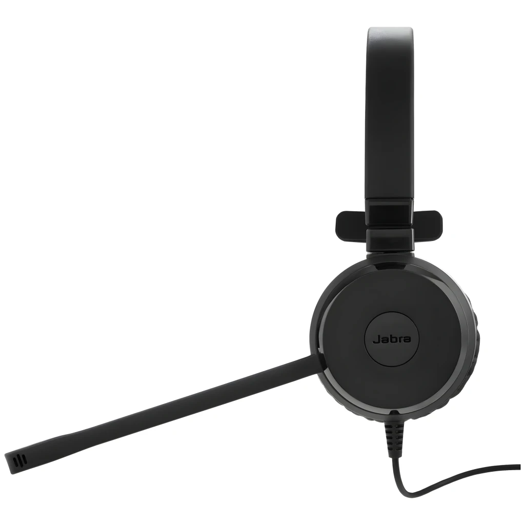 Jabra Evolve 20 SE Mono USB noir, vue latérale: coque unique, microphone boom et arceau ajustable