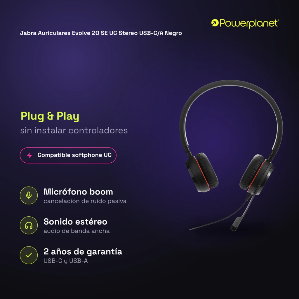 Jabra Auriculares Evolve 20 SE UC Stereo USB-C/A noir - caractéristiques