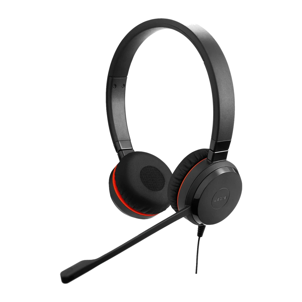 Jabra Evolve 20 SE UC Stereo Noir, vue latérale: casque avec coussinets rouges et micro boom