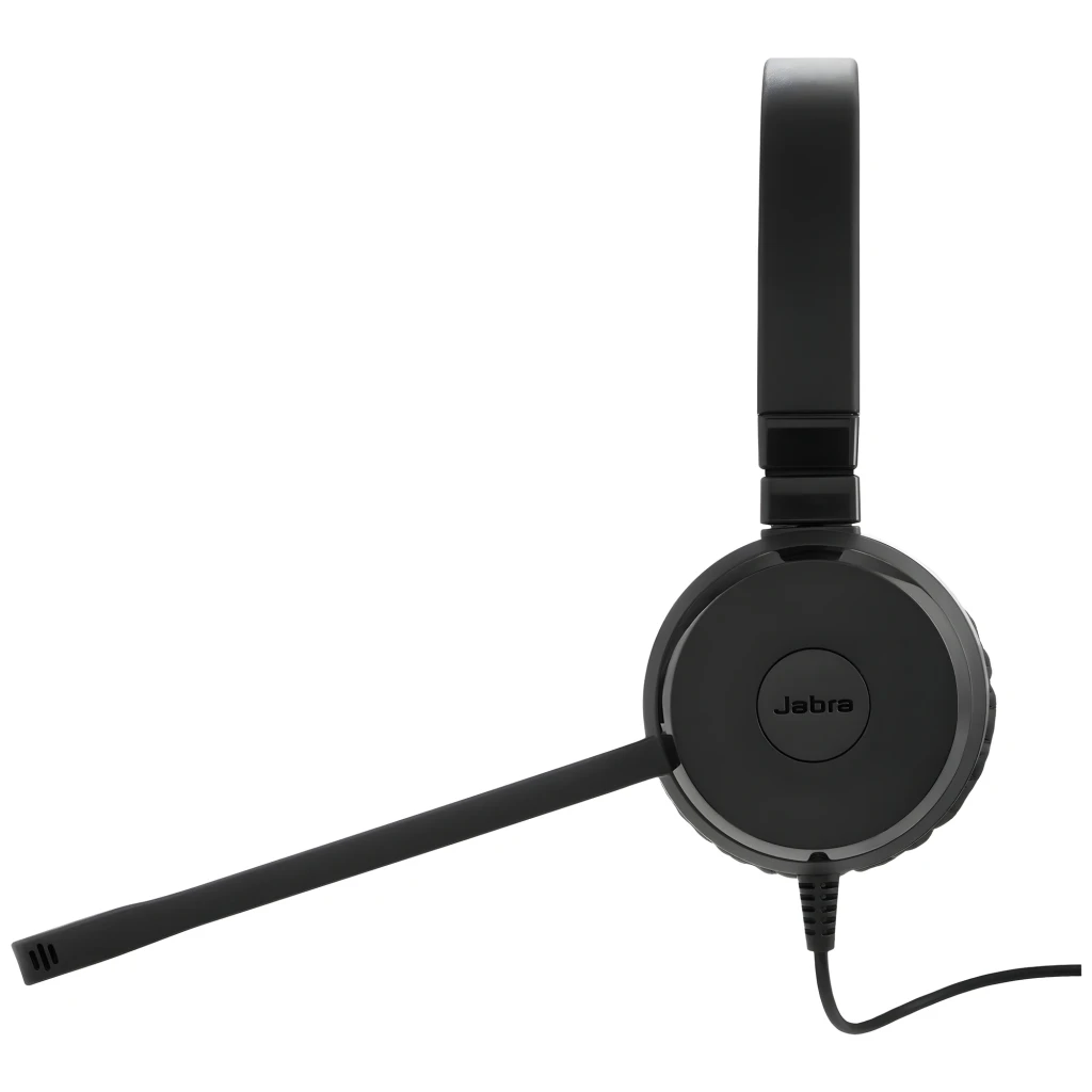 Jabra Evolve 20 SE UC Stereo USB Noir, vue latérale: casque avec logo Jabra, microphone boom et câble USB visibles