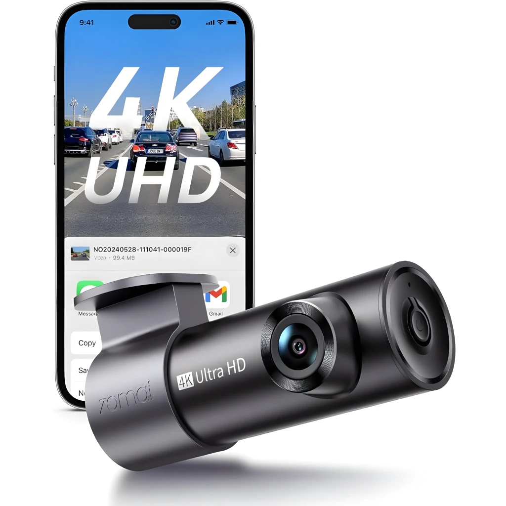 70mai Dash Cam M310 Plus 4K WiFi 6, cámara compacta negra con lente gran angular, cuerpo cilíndrico 4K Ultra HD y app móvil mostrando video UHD en smartphone
