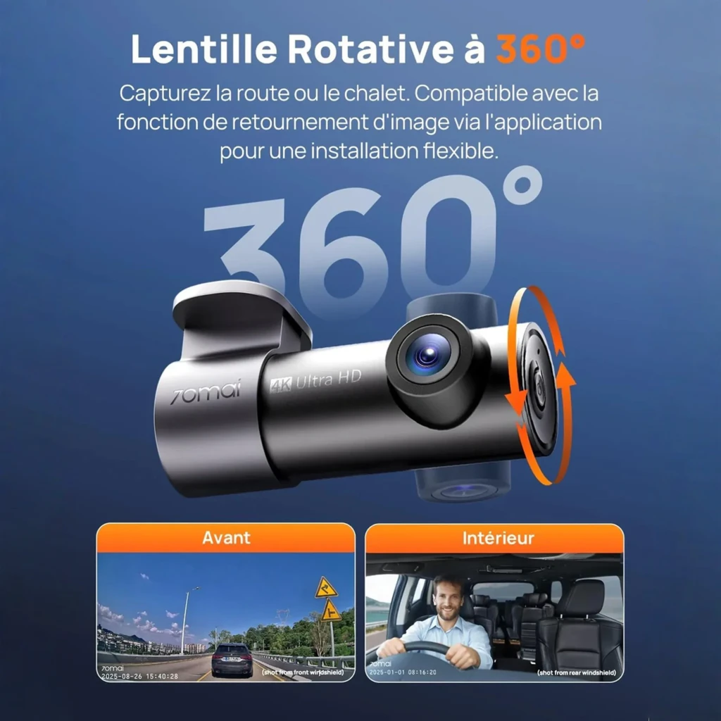 70mai Dash Cam M310 Plus 4K WiFi 6 con lente rotativa 360°, cuerpo cilíndrico negro, anillo naranja, óptica ultra HD y vista de carretera e interior del auto