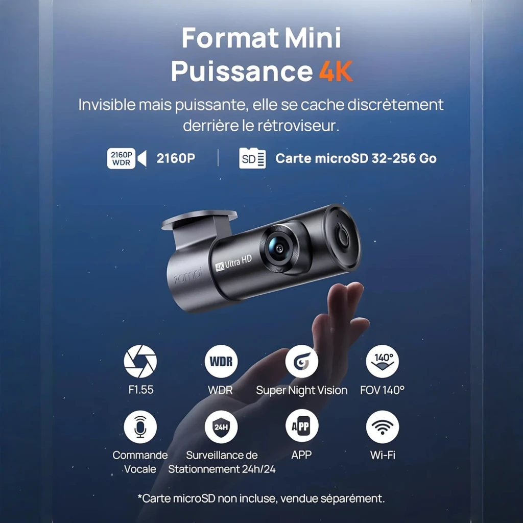 70mai Dash Cam M310 Plus 4K WiFi 6, formato mini con lente F1.55, sensor 2160P, visión nocturna, FOV 140°, ranura microSD 32-256 GB y WiFi integrado