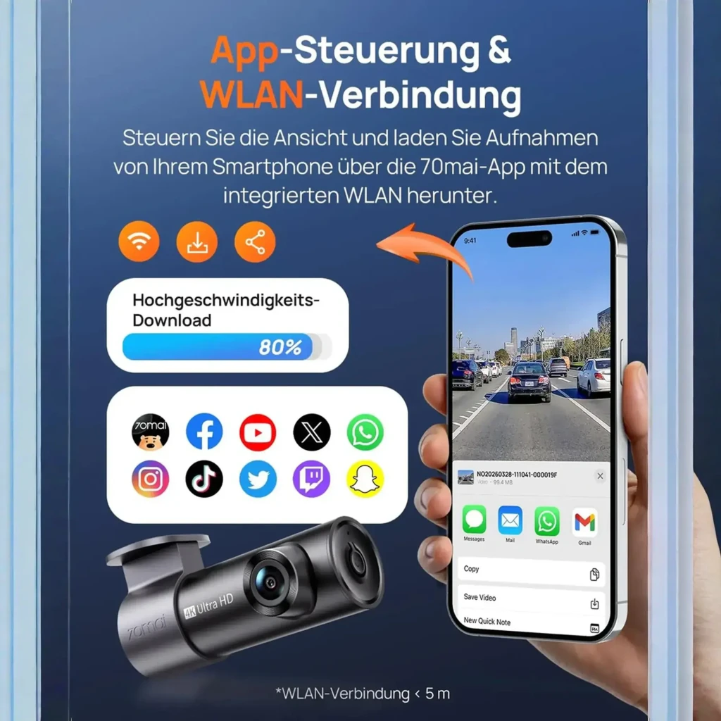 70mai Dash Cam M310 Plus 4K WiFi 6 en negro, cuerpo cilíndrico con lente doble Ultra HD y soporte giratorio; app móvil muestra vista en vivo y descarga por