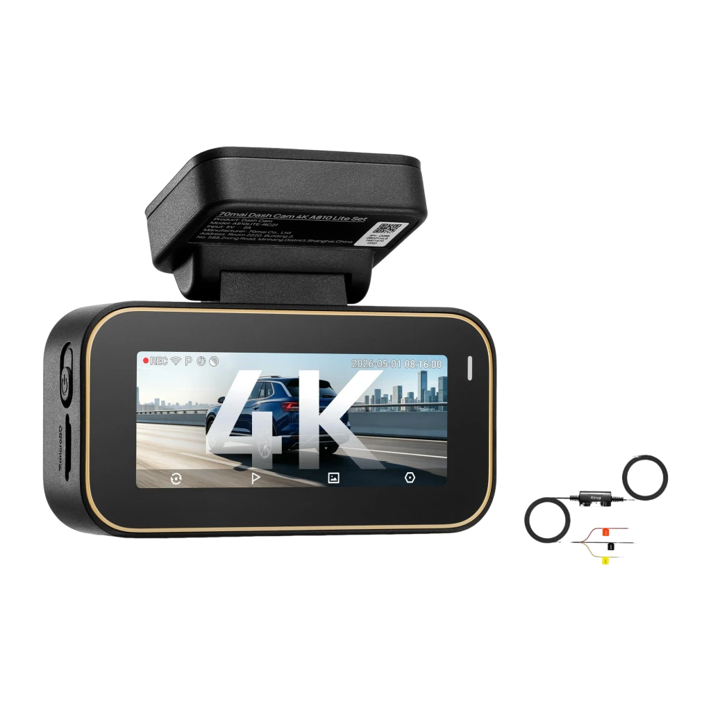 Dashcam 70mai A810 Lite 4K GPS WiFi con pantalla a color, marco dorado, soporte adhesivo superior, lente gran angular y puertos laterales visibles