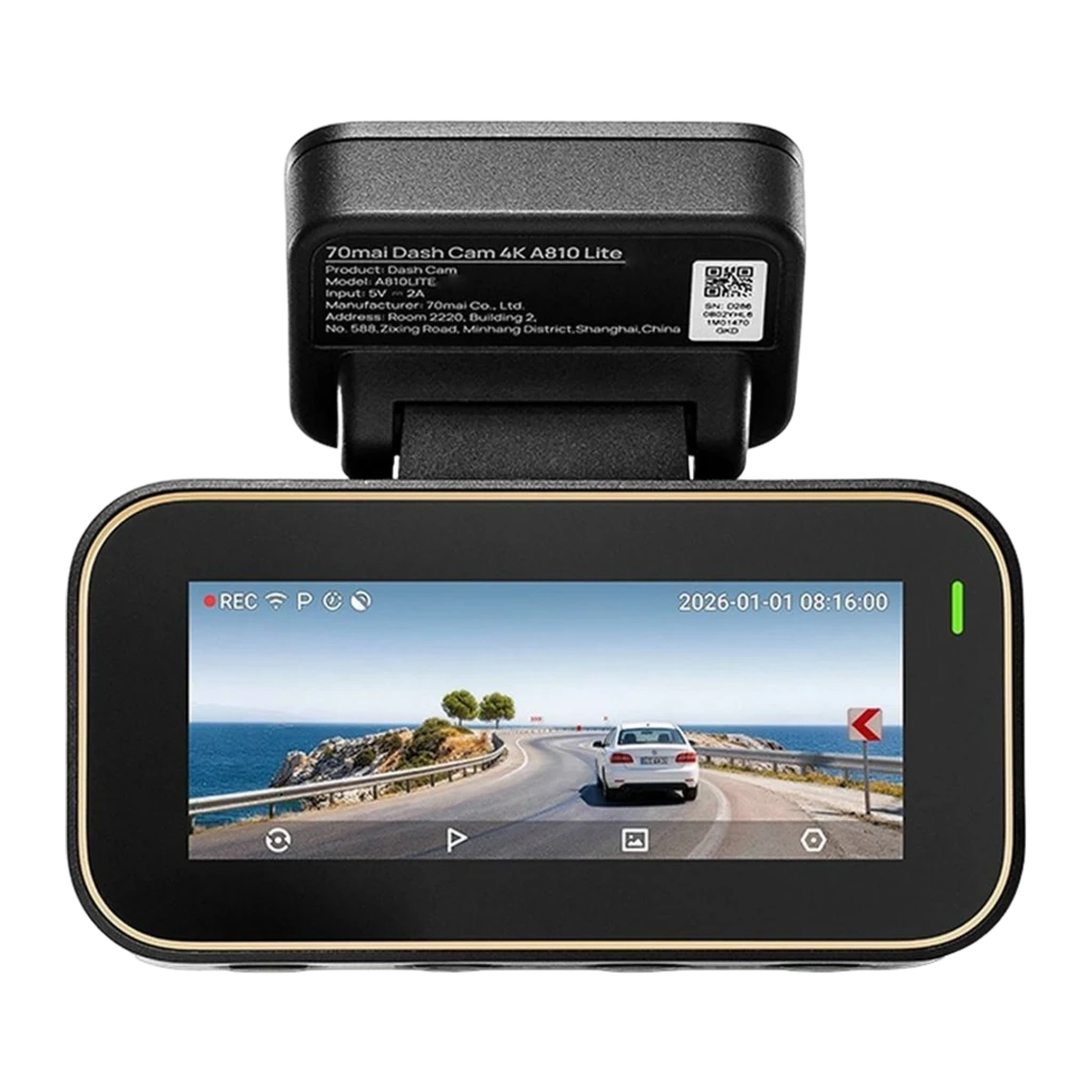 Dashcam 70mai A810 Lite 4K GPS WiFi con pantalla a color, borde dorado, indicador REC rojo y soporte superior con etiqueta QR y especificaciones técnicas