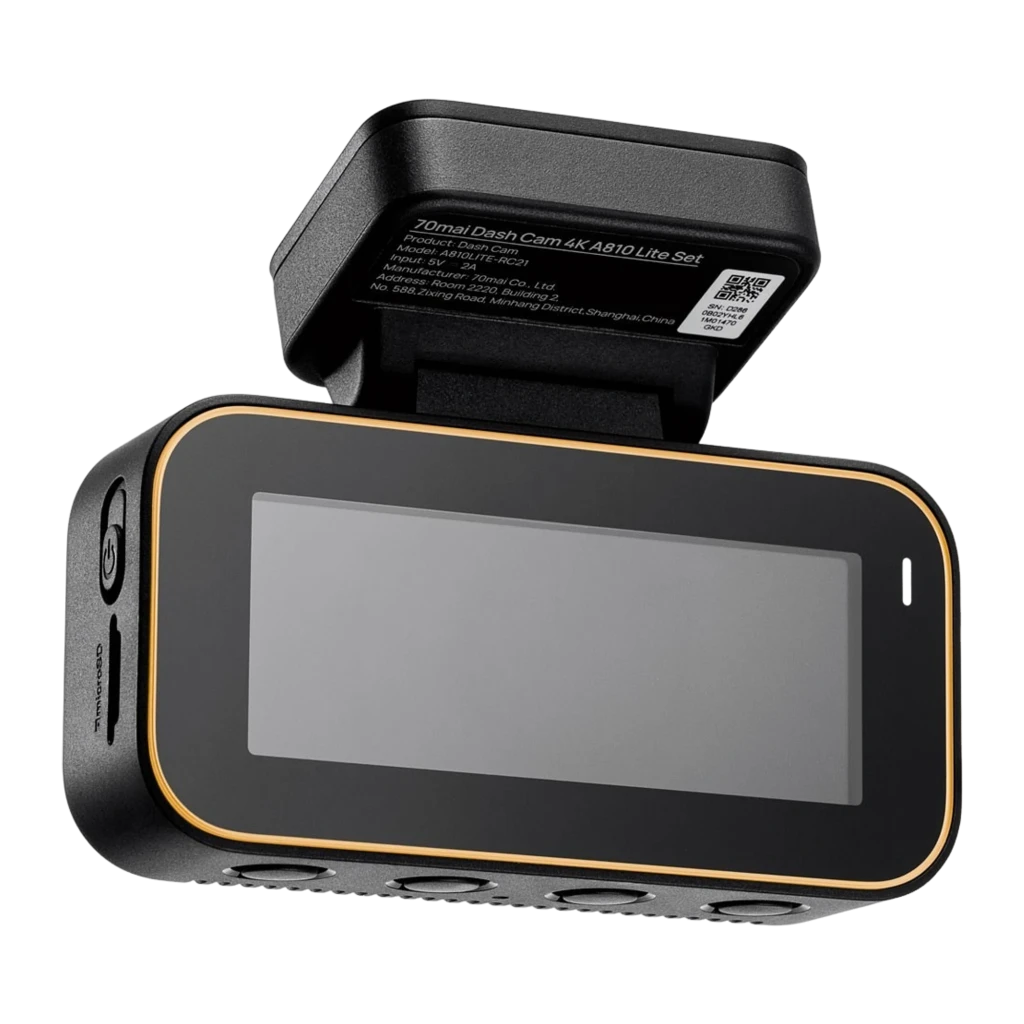 Dashcam 70mai A810 Lite 4K GPS WiFi, cuerpo negro mate con bisel dorado, pantalla frontal amplia, cuatro botones inferiores y soporte superior compacto