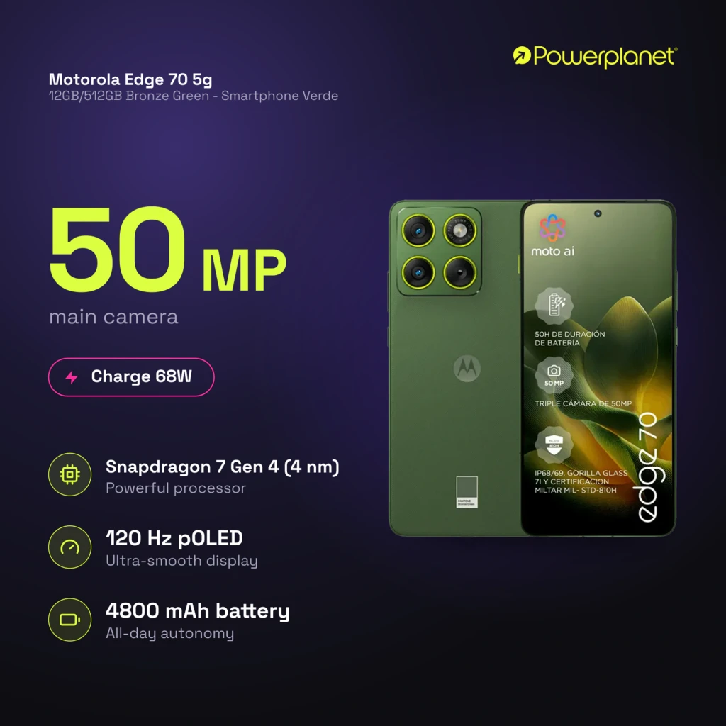 Motorola Edge 70 5G verde Pantone com quatro câmeras traseiras 50 MP, tela pOLED 120 Hz, furo central, bordas finas e acabamento premium com cristais Swarovski