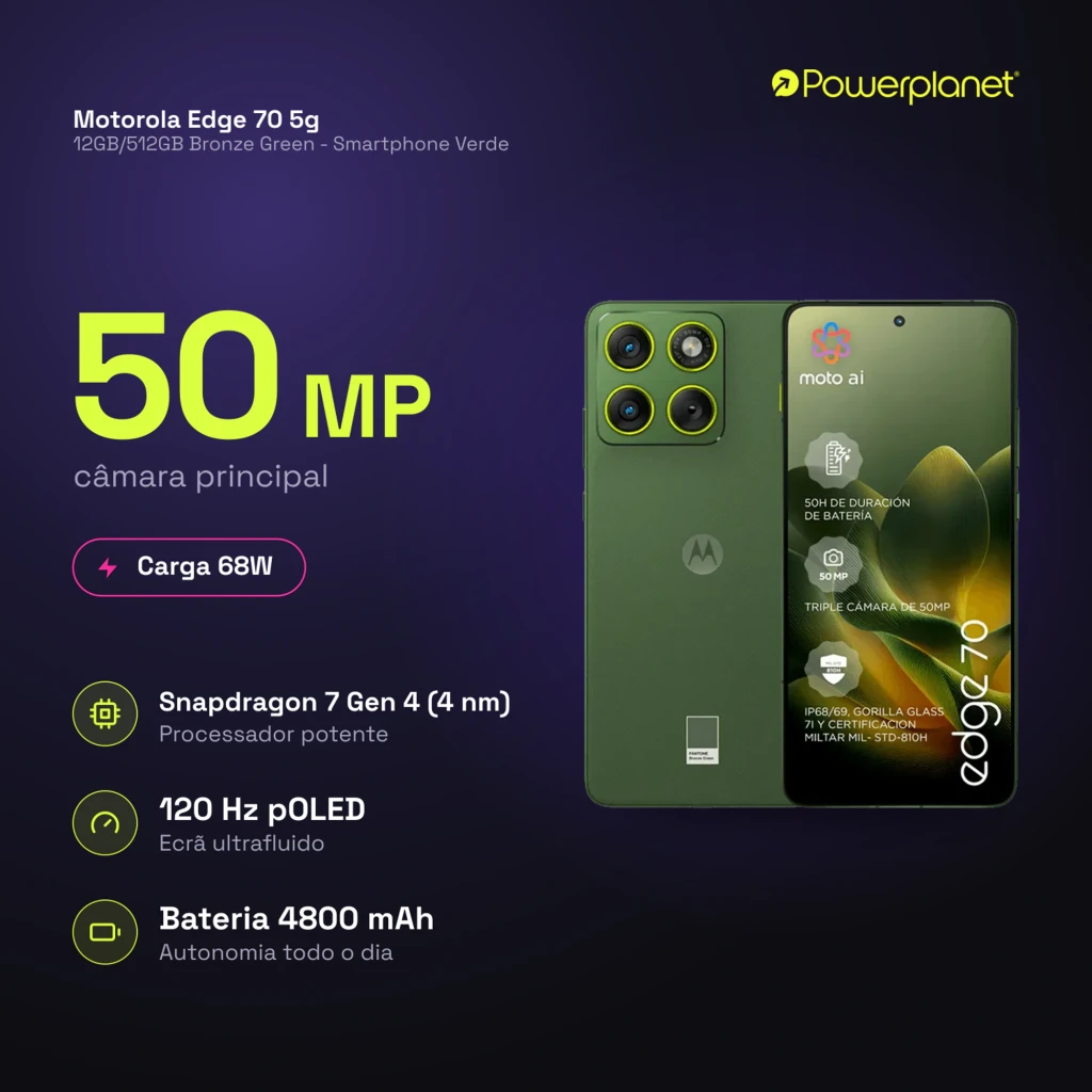 Motorola Edge 70 5G verde com módulo de 4 câmeras e tela pOLED 120 Hz, lente principal 50 MP e design elegante; logotipo Edge 70 na lateral da tela