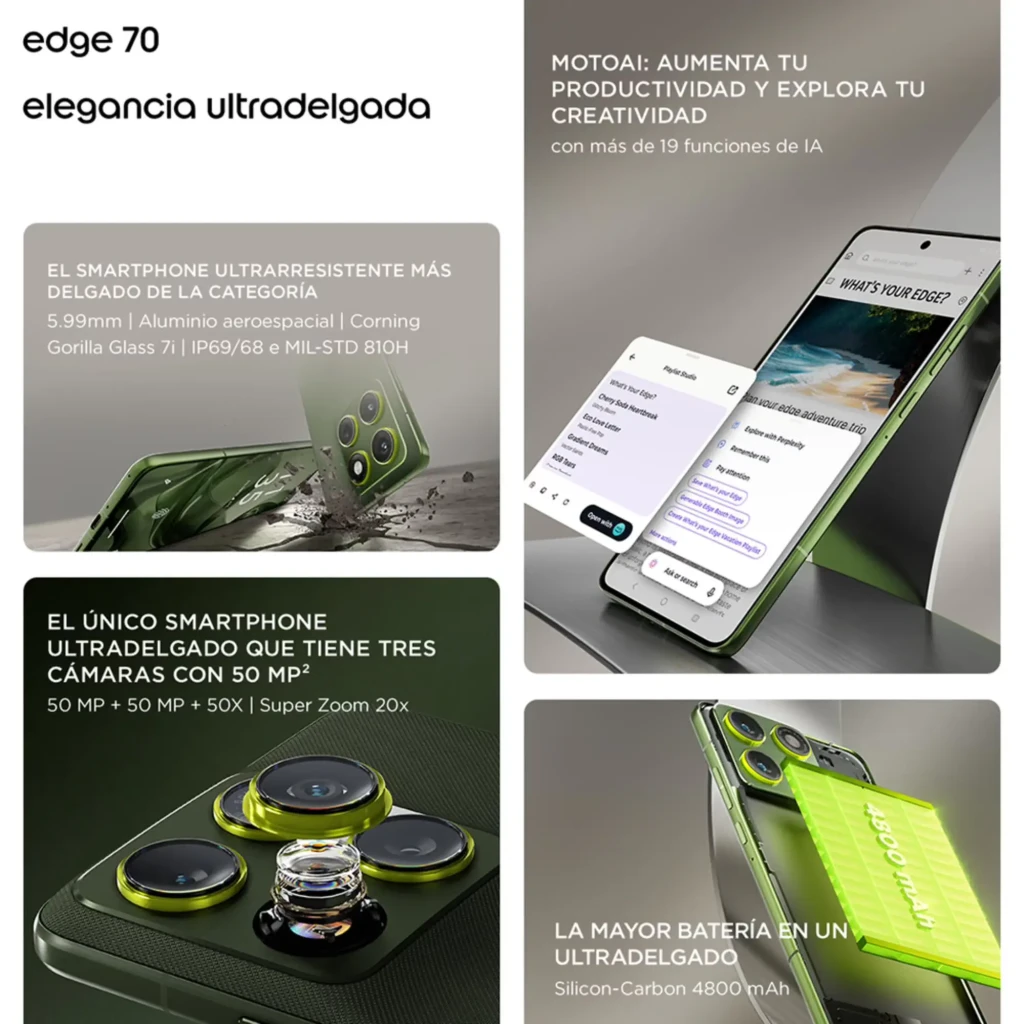 Motorola Edge 70 5G em verde ultrafino com três câmeras traseiras circulares, lente principal 50 MP, tela curva resistente Gorilla Glass e bateria 4800 mAh