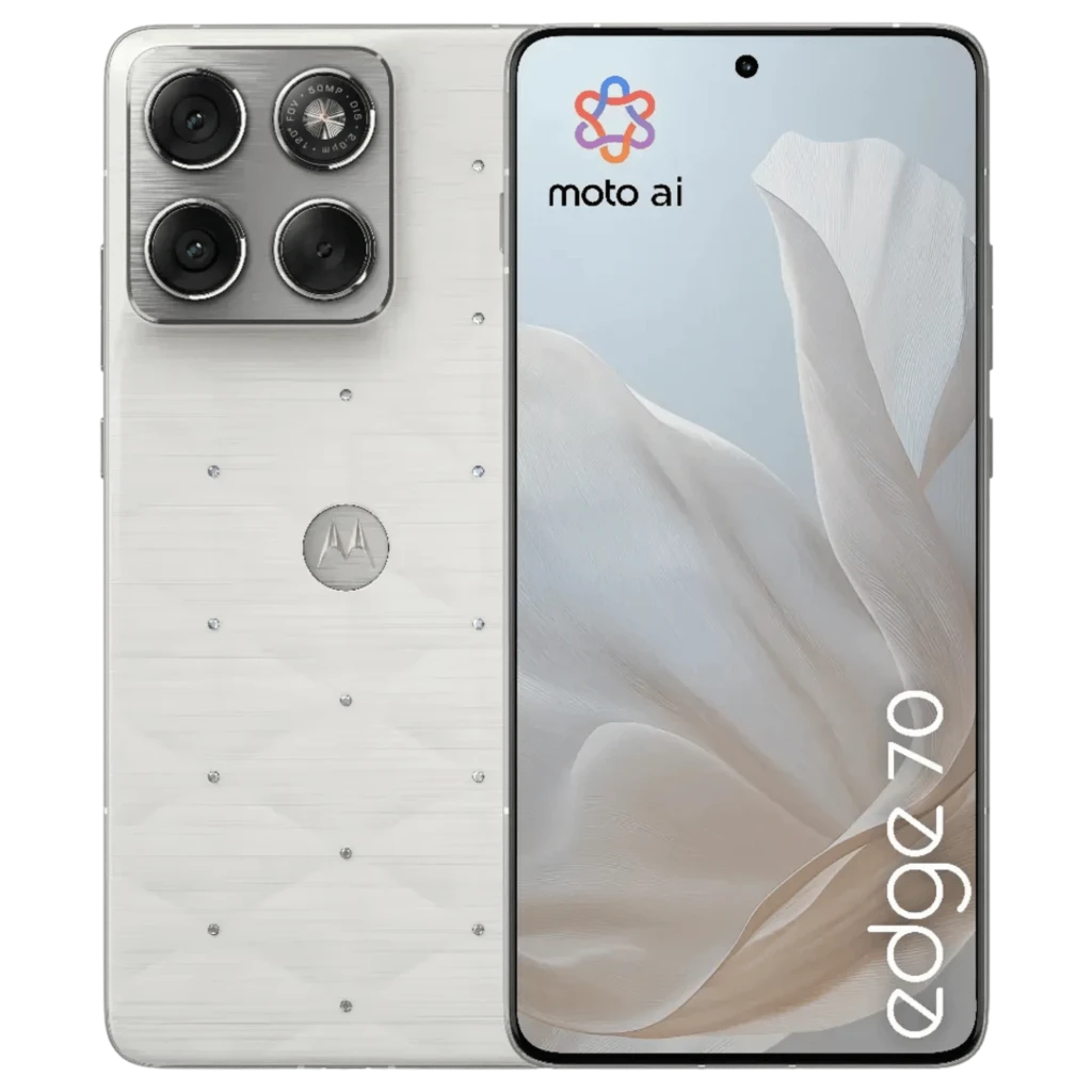 Motorola Edge 70 5G branco PANTONE Cloud Dancer com cristais Swarovski, tela curva, furo central para câmera e módulo traseiro com três lentes grandes