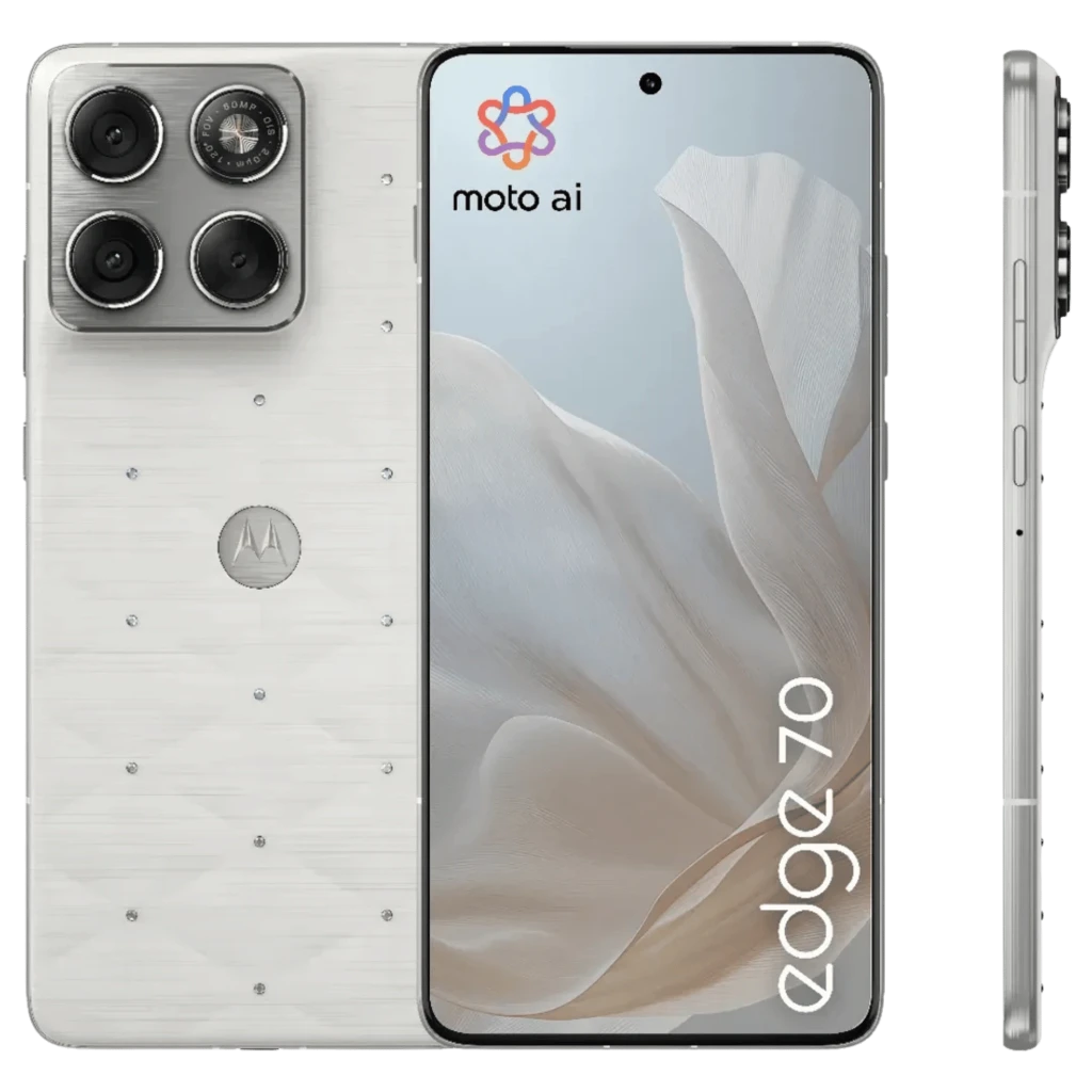 Motorola Edge 70 5G branco PANTONE Cloud Dancer com cristais Swarovski, módulo traseiro triplo grande, tela curva perfurada e laterais metálicas finas