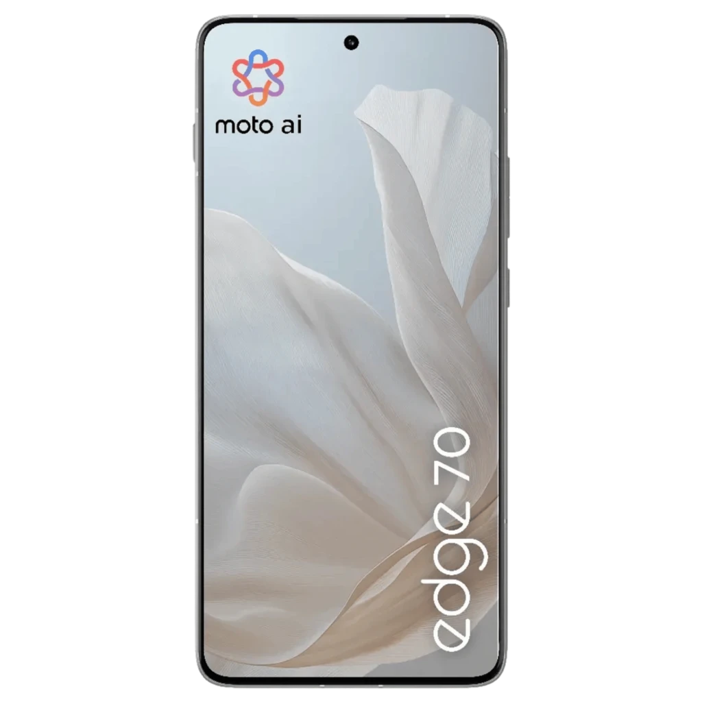 Motorola Edge 70 5G com tela ampla curva, furo central para câmera frontal, bordas finas e papel de parede fluido em tons claros; design elegante Cloud Dancer