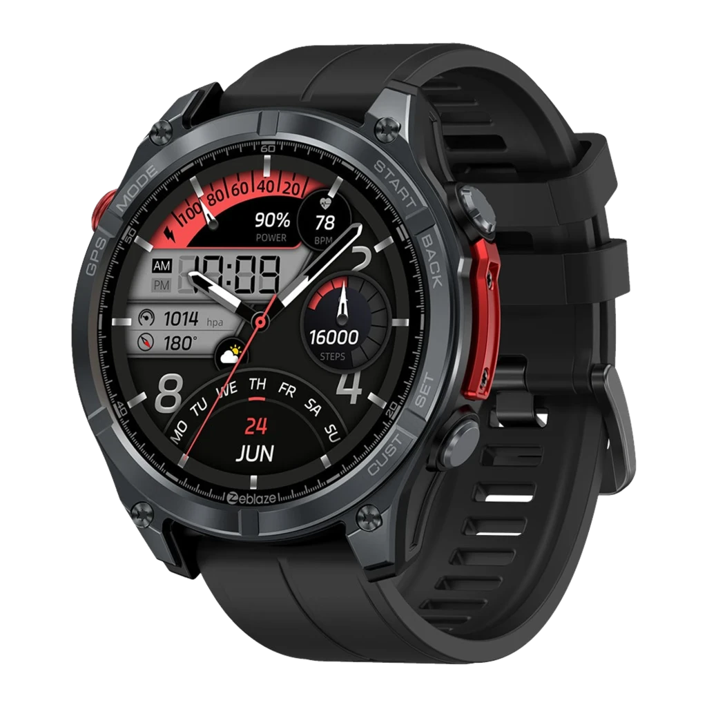 Zeblaze Stratos 4 Pro Negro con bisel robusto, pantalla circular multiinfo, botones rojos, correa de silicona, métricas de pasos, pulso y batería visibles