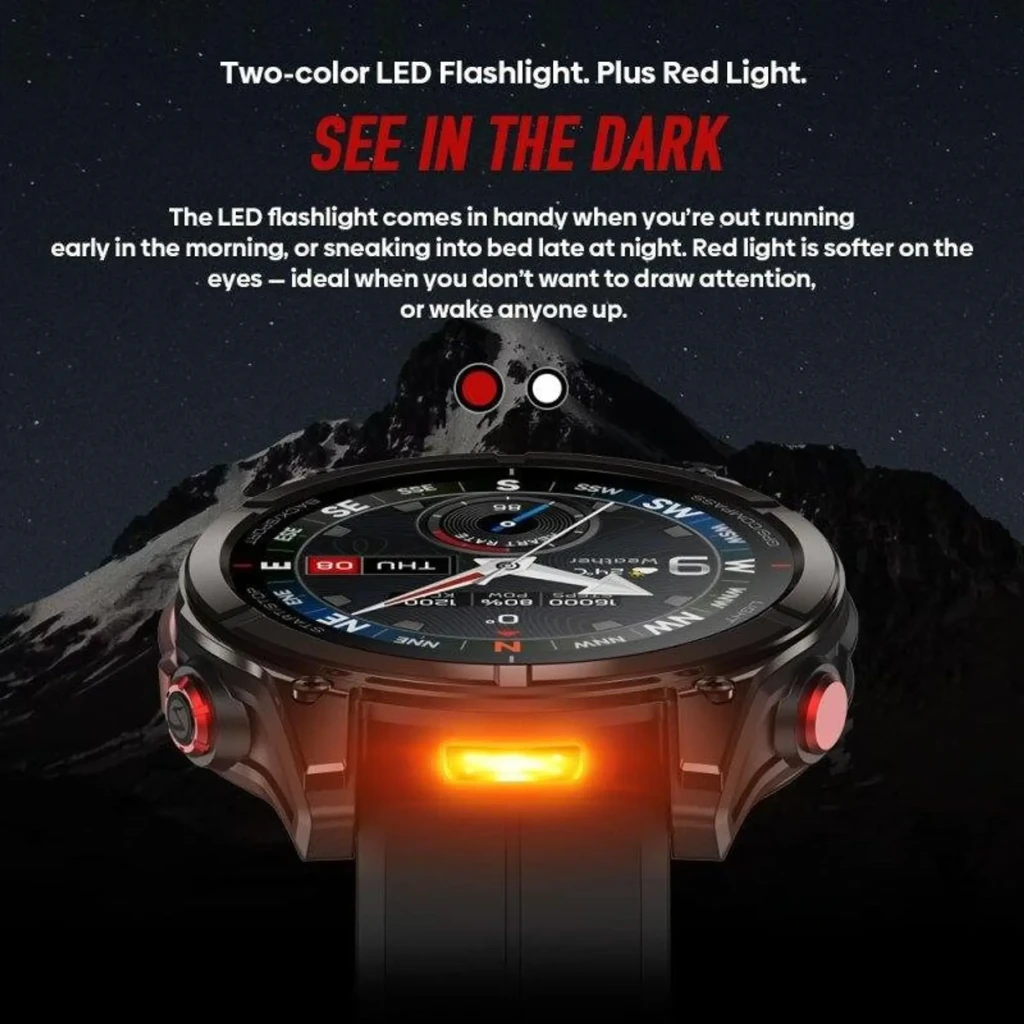 Zeblaze Stratos 4 Pro Negro con pantalla circular, bisel robusto, botones rojos y linterna LED bicolor frontal; mapas offline y giros paso a paso