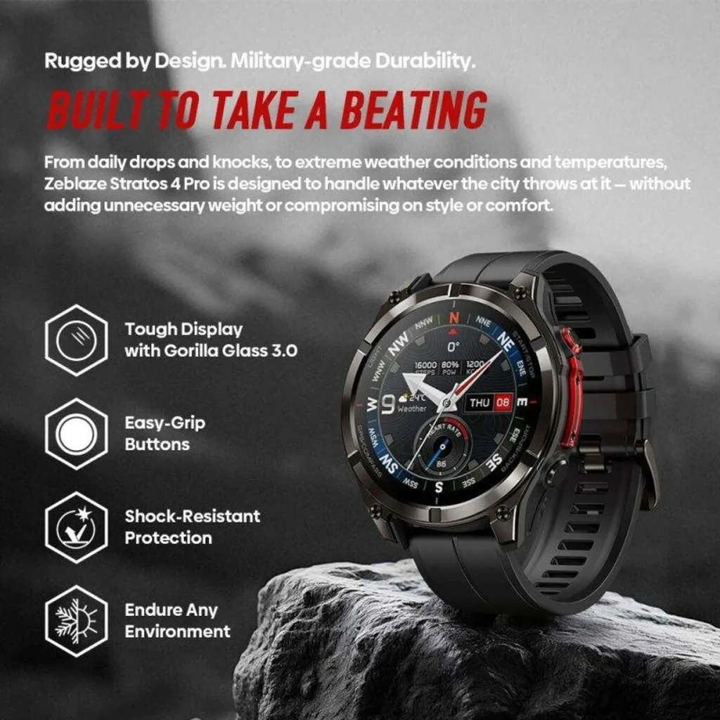 Zeblaze Stratos 4 Pro Negro con bisel robusto, pantalla Gorilla Glass 3.0, botones de agarre fácil, correa deportiva y linterna LED bicolor integrada