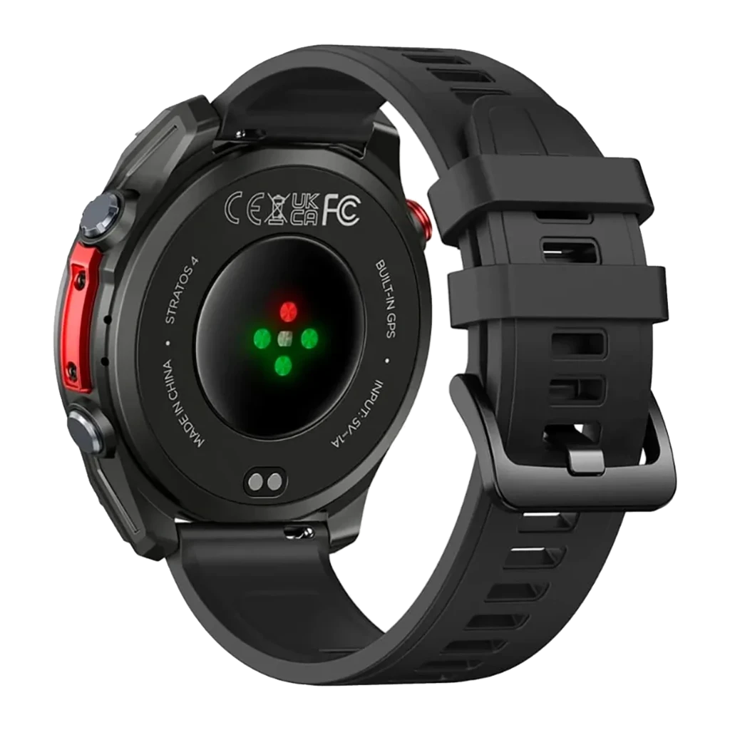 Zeblaze Stratos 4 Pro Negro con correa de silicona, carcasa robusta, botones metálicos, sensor óptico verde y carga magnética; resistente y deportivo