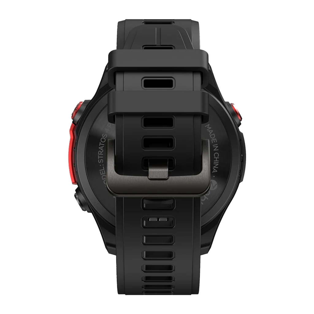 Zeblaze Stratos 4 Pro Negro con correa de silicona, hebilla metálica robusta, ranuras de ventilación y botones laterales rojos; diseño resistente y deportivo