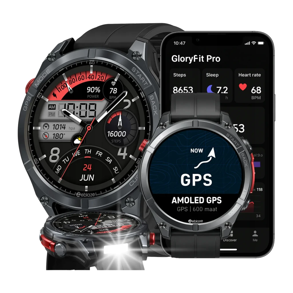 Zeblaze Stratos 4 Pro Negro con pantalla AMOLED, GPS con mapas offline giro a giro, linterna LED bicolor, esfera robusta y app móvil GloryFit Pro