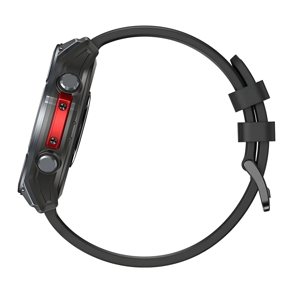 Zeblaze Stratos 4 Pro Negro con bisel robusto, lateral rojo con dos botones metálicos, correa de silicona y perfil delgado; mapas offline y linterna LED